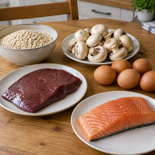 Vitamin B5 (Pantothensäure) ist in sehr vielen Lebensmitteln enthalten (z.B. Leber, Lachs, Eier, Champignons oder Haferflocken).